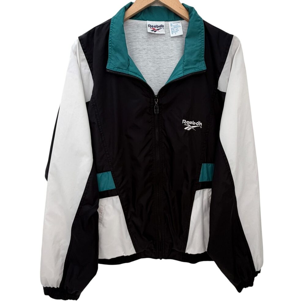 Reebok Black Full Zip Colorblock Jacket Nylon Stand Collar Men's Large
